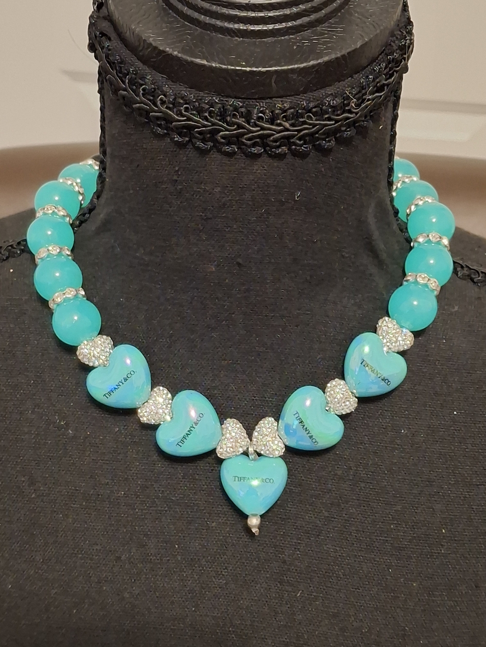 Turquoise Blue Heart and Crystal Necklace